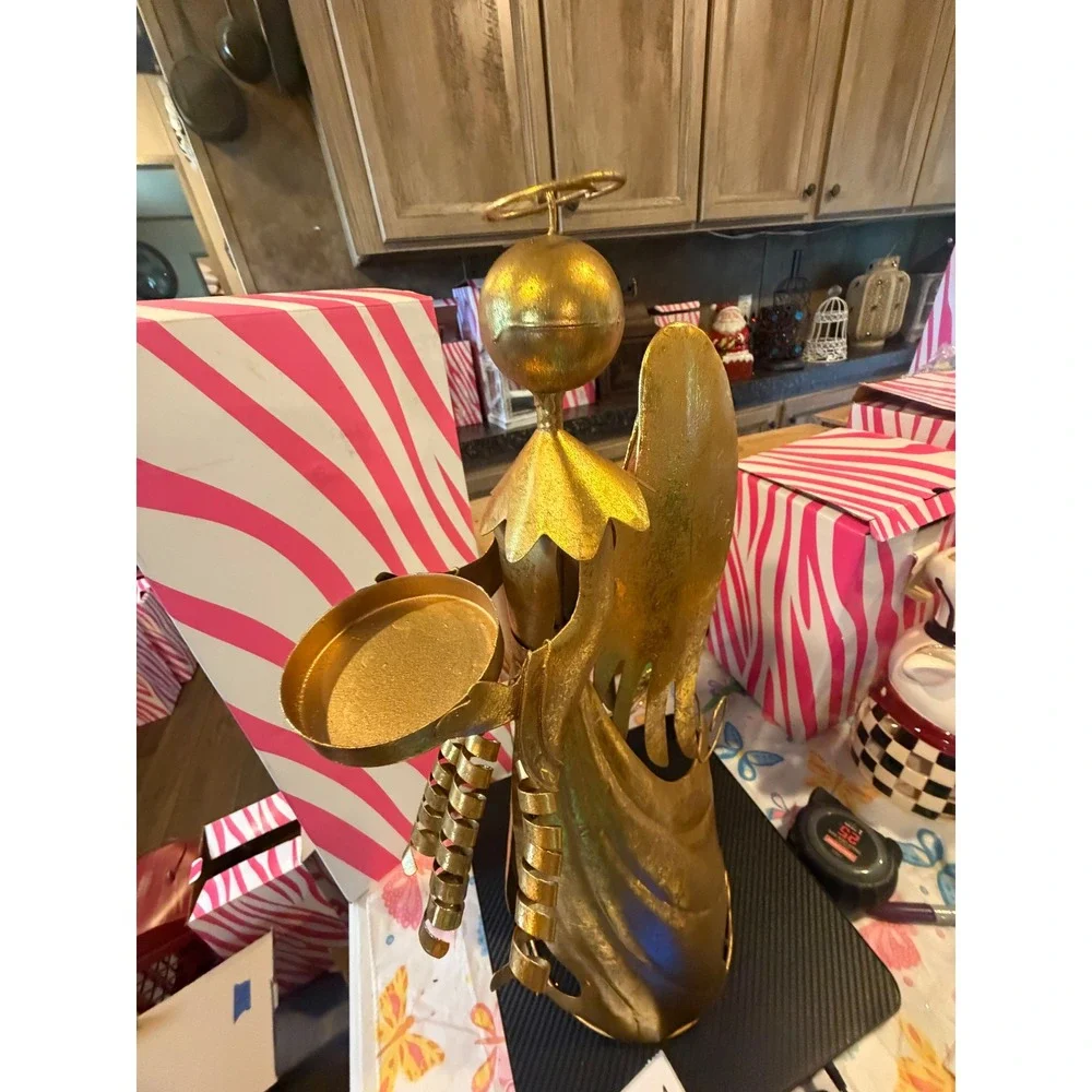 Pink Zebra Retired Gold Metal Angel Candle Holder Christmas Decor 18.5 Inch